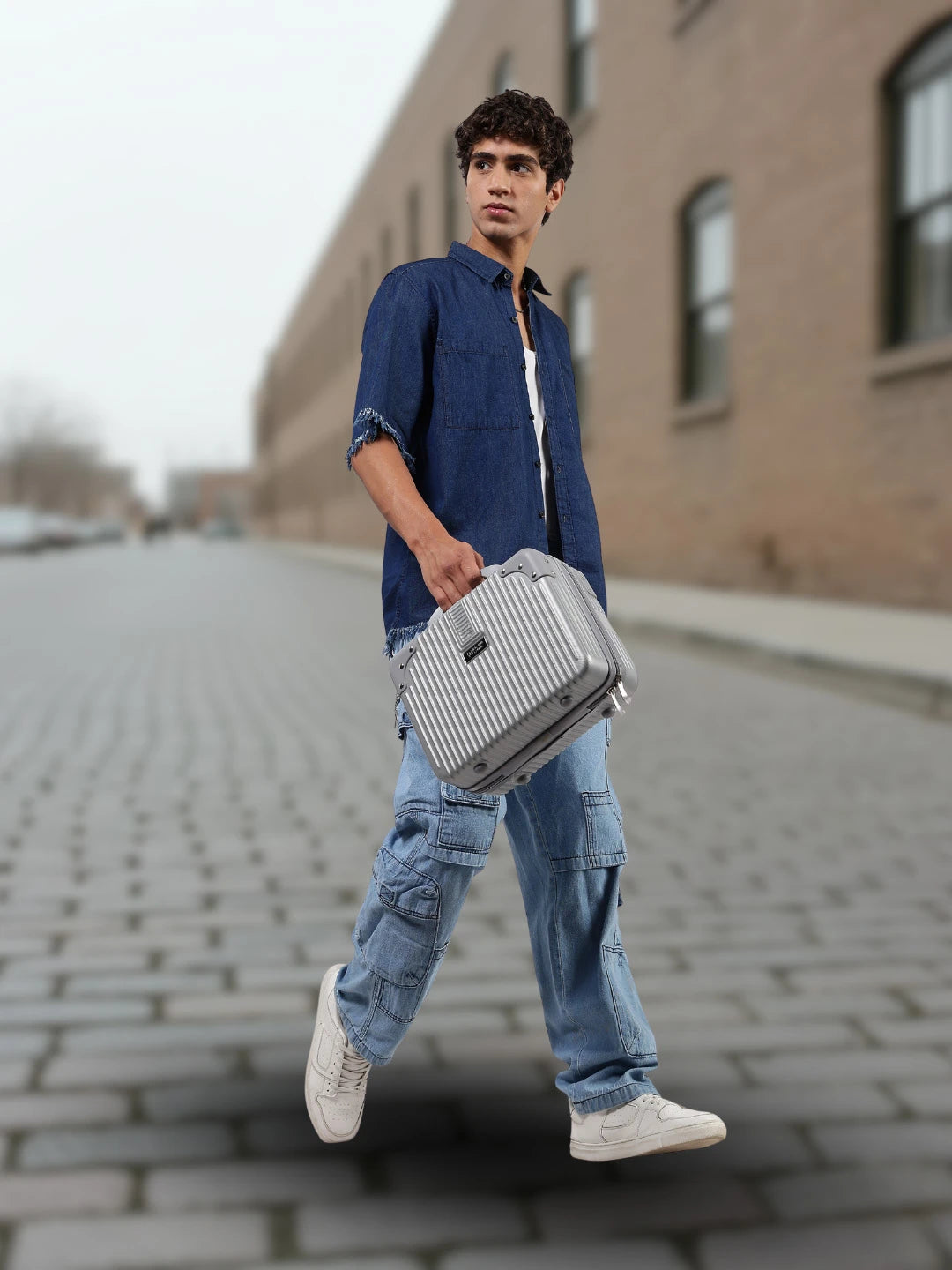 House Of Koala Navy Denim Raw Edge Oversized Box-Fit Spread Collar Half Sleeve Shirt