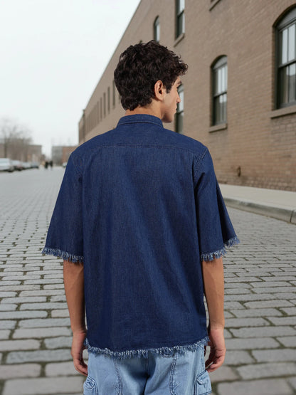 House Of Koala Navy Denim Raw Edge Oversized Box-Fit Spread Collar Half Sleeve Shirt