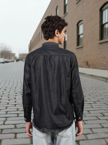 House Of Koala Black Raw Edge Oversized Relaxed Fit Full Sleeve Spread Collar Premium Denim Shirt