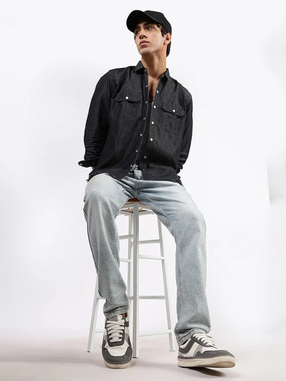 House Of Koala Black Raw Edge Oversized Relaxed Fit Full Sleeve Spread Collar Premium Denim Shirt