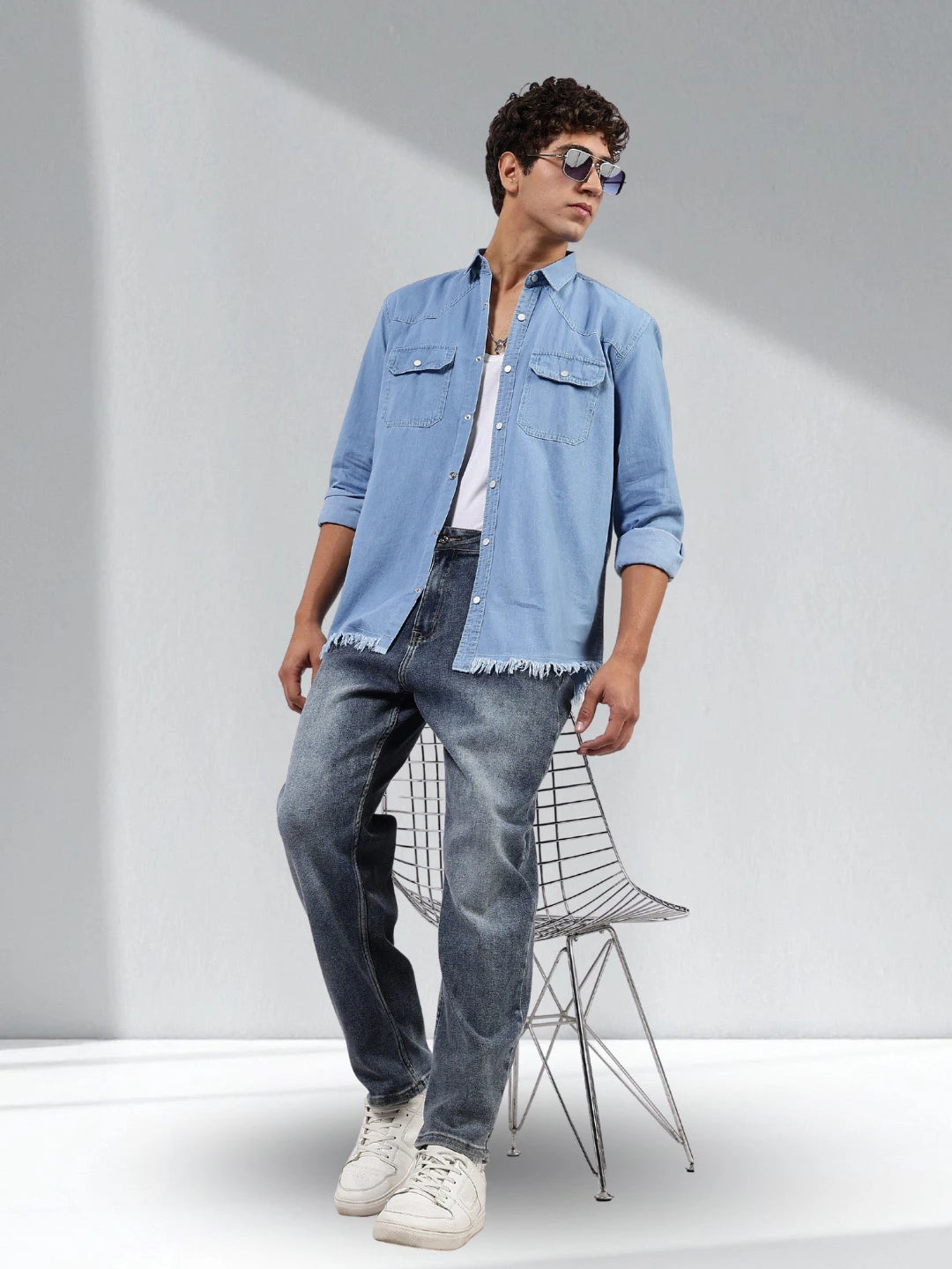 House Of Koala Blue Denim Raw Edge Oversized Relaxed Fit Spread Collar Premium Shirt
