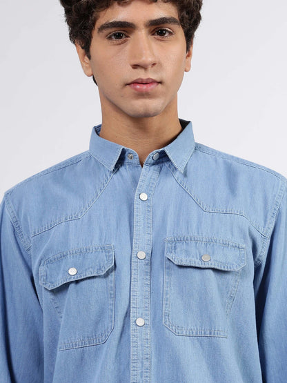 House Of Koala Blue Denim Raw Edge Oversized Relaxed Fit Spread Collar Premium Shirt