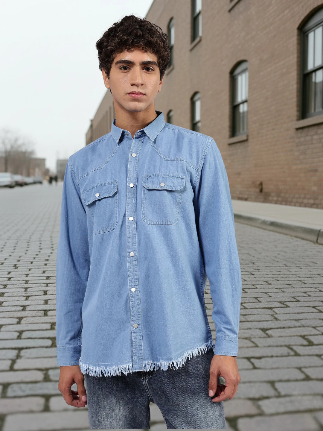 House Of Koala Blue Denim Raw Edge Oversized Relaxed Fit Spread Collar Premium Shirt