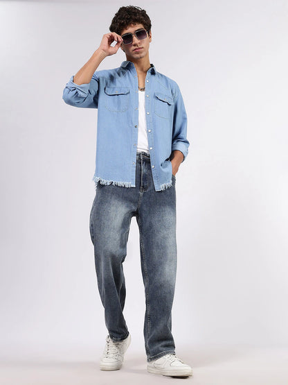House Of Koala Blue Denim Raw Edge Oversized Relaxed Fit Spread Collar Premium Shirt