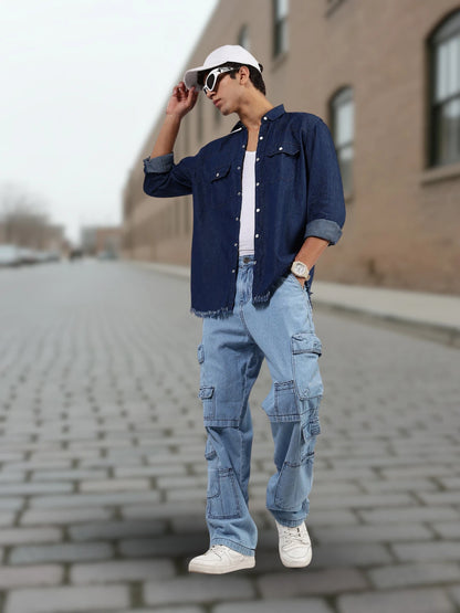 House Of Koala Navy Blue Raw Edge Oversized Relaxed Fit Spread Collar Premium Denim Full Sleeve Shirt