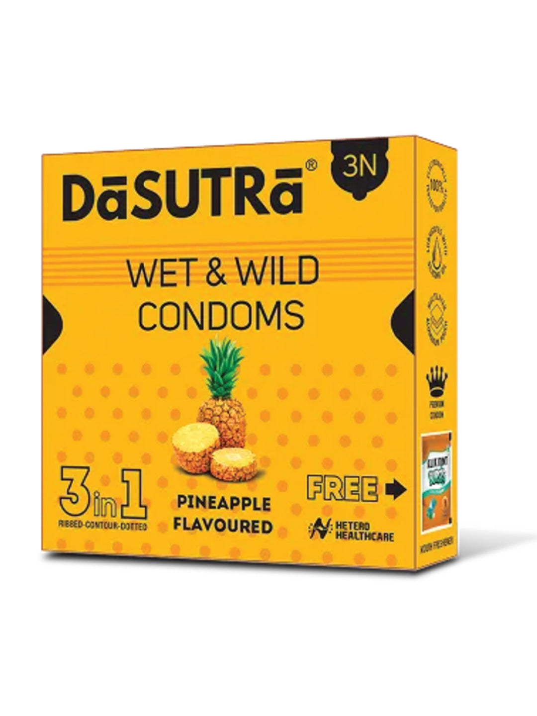 DaSutra Wet & Wild 3-in-1 Ribbed-Contour-Dotted Pineapple Flavoured Condoms