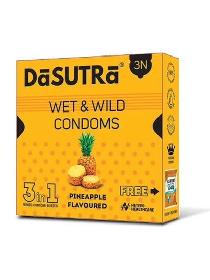 DaSutra Wet & Wild 3-in-1 Ribbed-Contour-Dotted Pineapple Flavoured Condoms