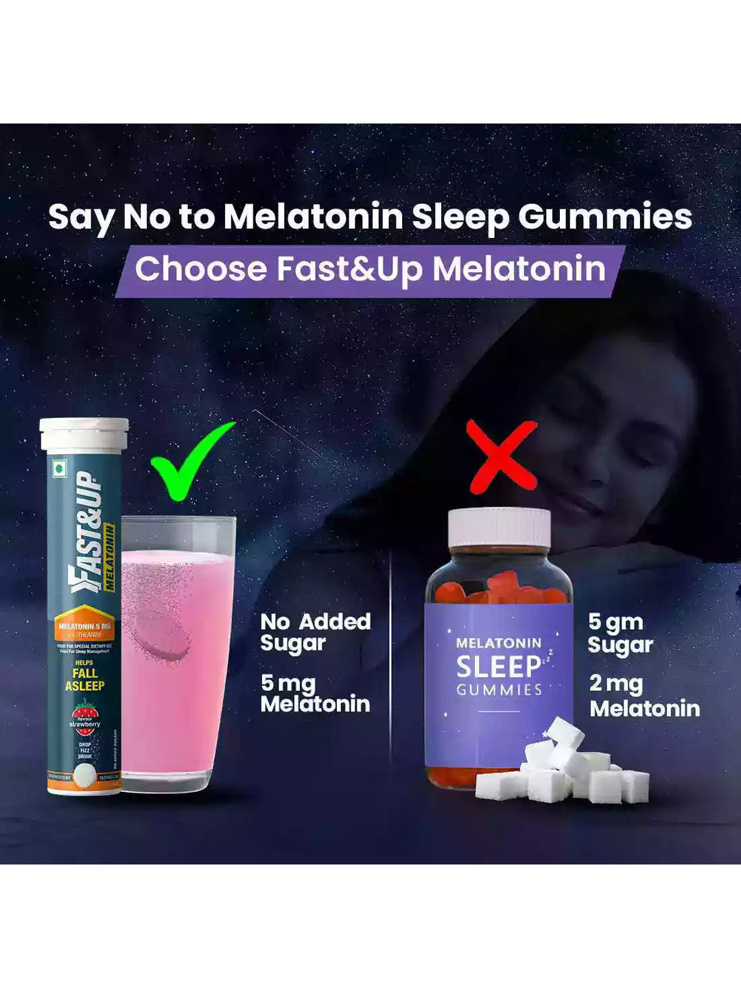 Fast&Up Strawberry Melatonin + L-Theanine Effervescent 60 Tablets (Pack of 3)