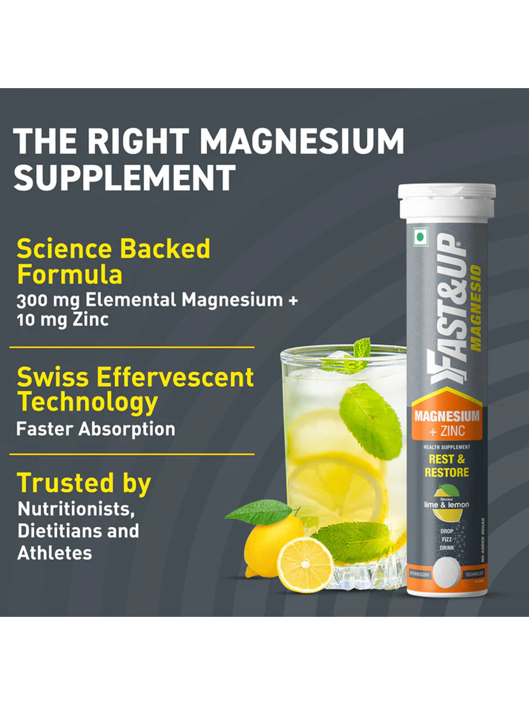 Fast&Up Magnesium + Zinc Lime & Lemon Effervescent 60 Tablets (Pack of 3)