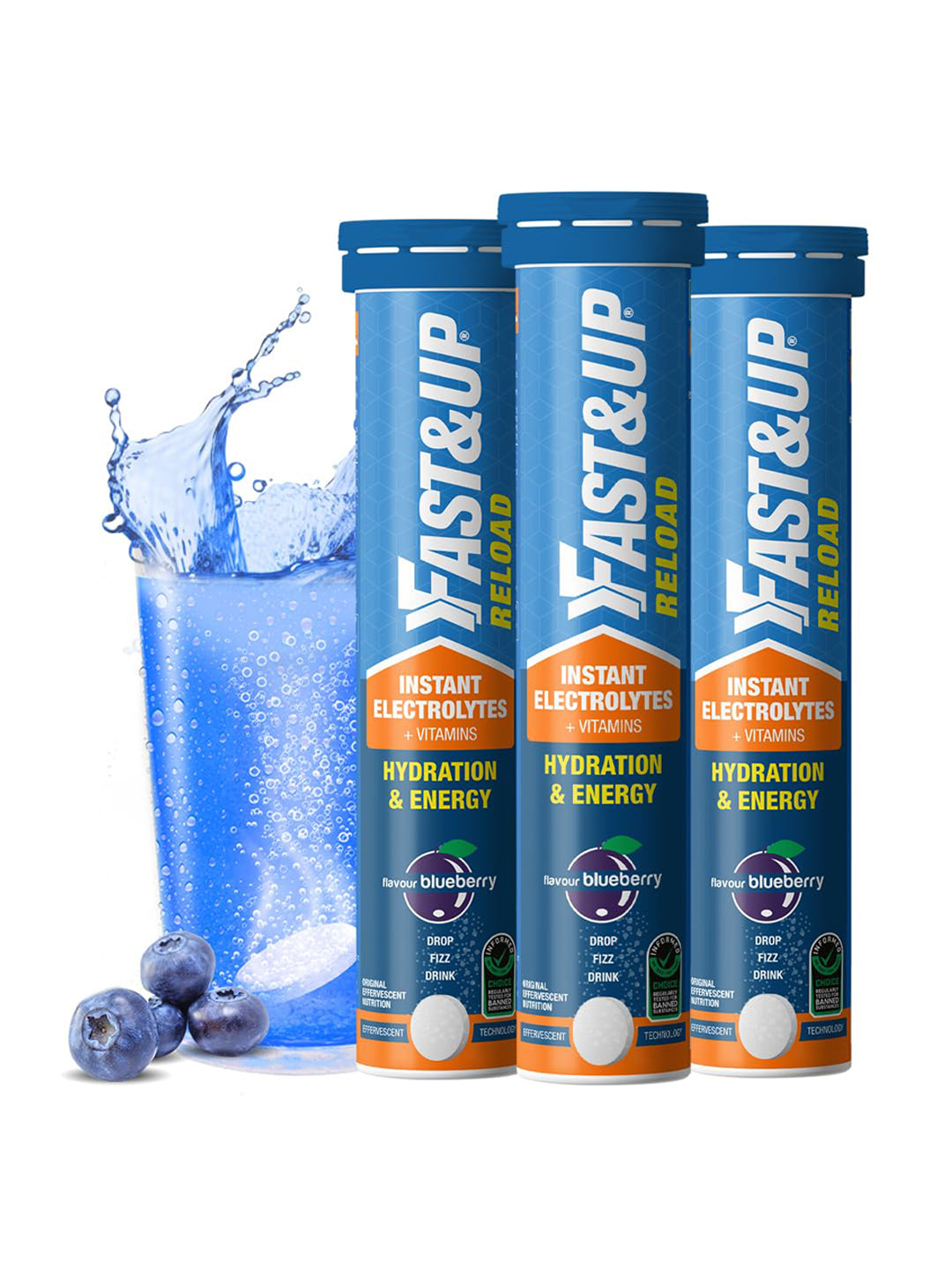 Fast&Up Blueberry Reload Low Sugar Electrolyte Effervescent 60 Tablets (Pack of 3)