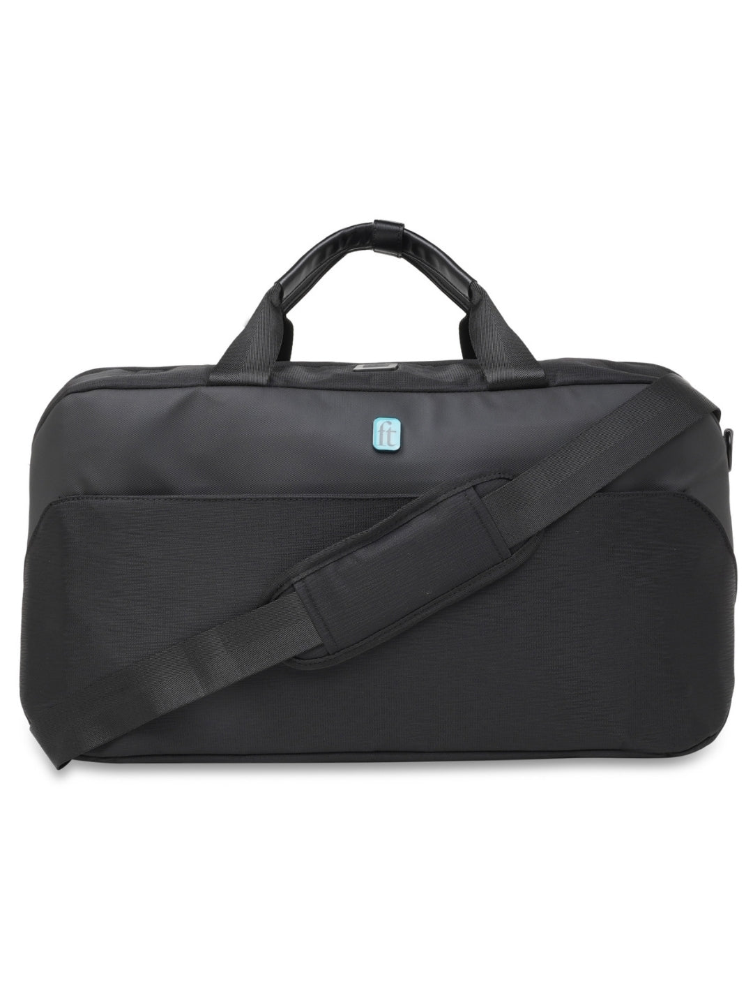 ft Frequent Traveller Elite Black Duffle Bag for Travel with Vegan Leather Trimmings Recessed USB Port Eco Responsible Light Weight with Padded Laptop Section, Mesh Pocket Inside Fashion Duffle Bag for Men and Women