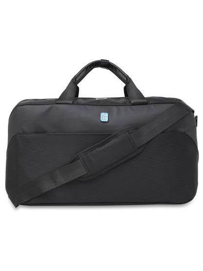 ft Frequent Traveller Elite Black Duffle Bag for Travel with Vegan Leather Trimmings Recessed USB Port Eco Responsible Light Weight with Padded Laptop Section, Mesh Pocket Inside Fashion Duffle Bag for Men and Women
