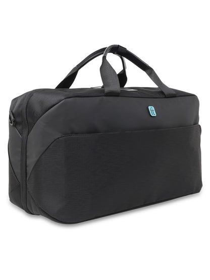 ft Frequent Traveller Elite Black Duffle Bag for Travel with Vegan Leather Trimmings Recessed USB Port Eco Responsible Light Weight with Padded Laptop Section, Mesh Pocket Inside Fashion Duffle Bag for Men and Women