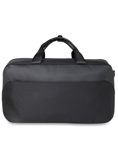 ft Frequent Traveller Elite Black Duffle Bag for Travel with Vegan Leather Trimmings Recessed USB Port Eco Responsible Light Weight with Padded Laptop Section, Mesh Pocket Inside Fashion Duffle Bag for Men and Women