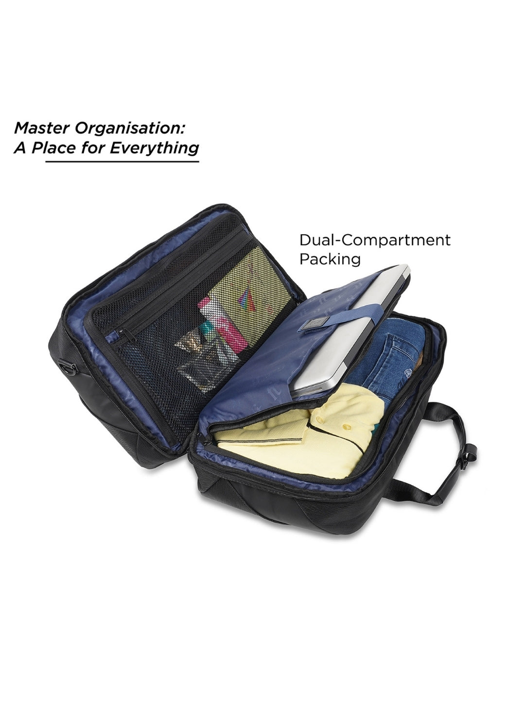 ft Frequent Traveller Elite Black Duffle Bag for Travel with Vegan Leather Trimmings Recessed USB Port Eco Responsible Light Weight with Padded Laptop Section, Mesh Pocket Inside Fashion Duffle Bag for Men and Women