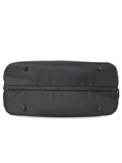 ft Frequent Traveller Elite Black Duffle Bag for Travel with Vegan Leather Trimmings Recessed USB Port Eco Responsible Light Weight with Padded Laptop Section, Mesh Pocket Inside Fashion Duffle Bag for Men and Women