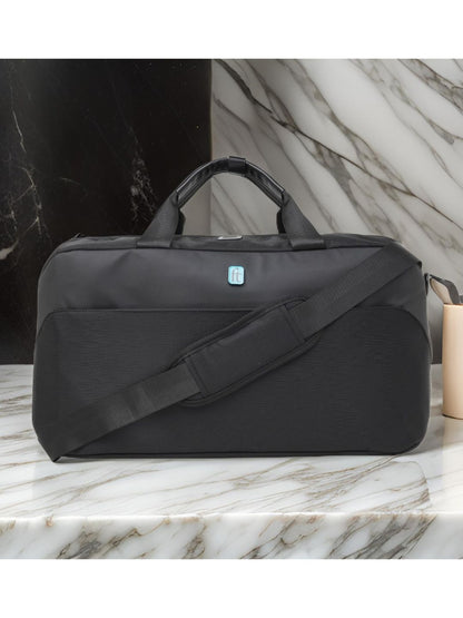 ft Frequent Traveller Elite Black Duffle Bag for Travel with Vegan Leather Trimmings Recessed USB Port Eco Responsible Light Weight with Padded Laptop Section, Mesh Pocket Inside Fashion Duffle Bag for Men and Women