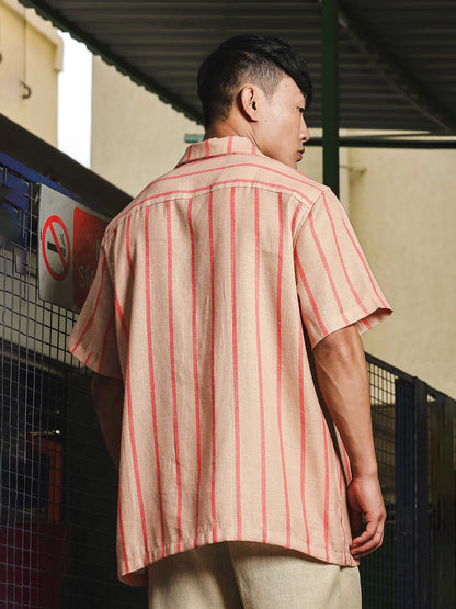 House Of Koala Linen Blend Beige Orange Striped Cuban Collar Classic Relaxed Fit Resort Shirt