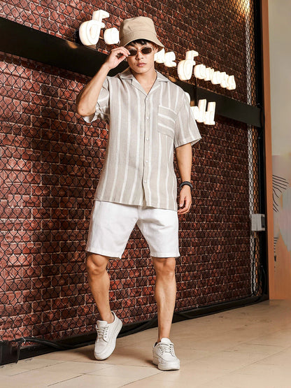 House Of Koala Linen Blend Beige White Striped Cuban Collar Classic Relaxed Fit Resort Shirt