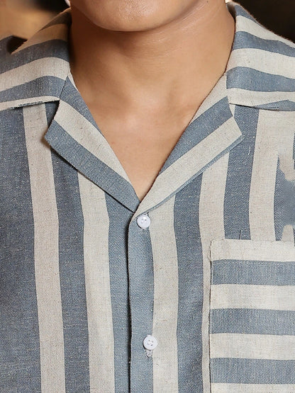 House Of Koala Linen Blend Blue White Striped Cuban Collar Classic Relaxed Fit Resort Shirt