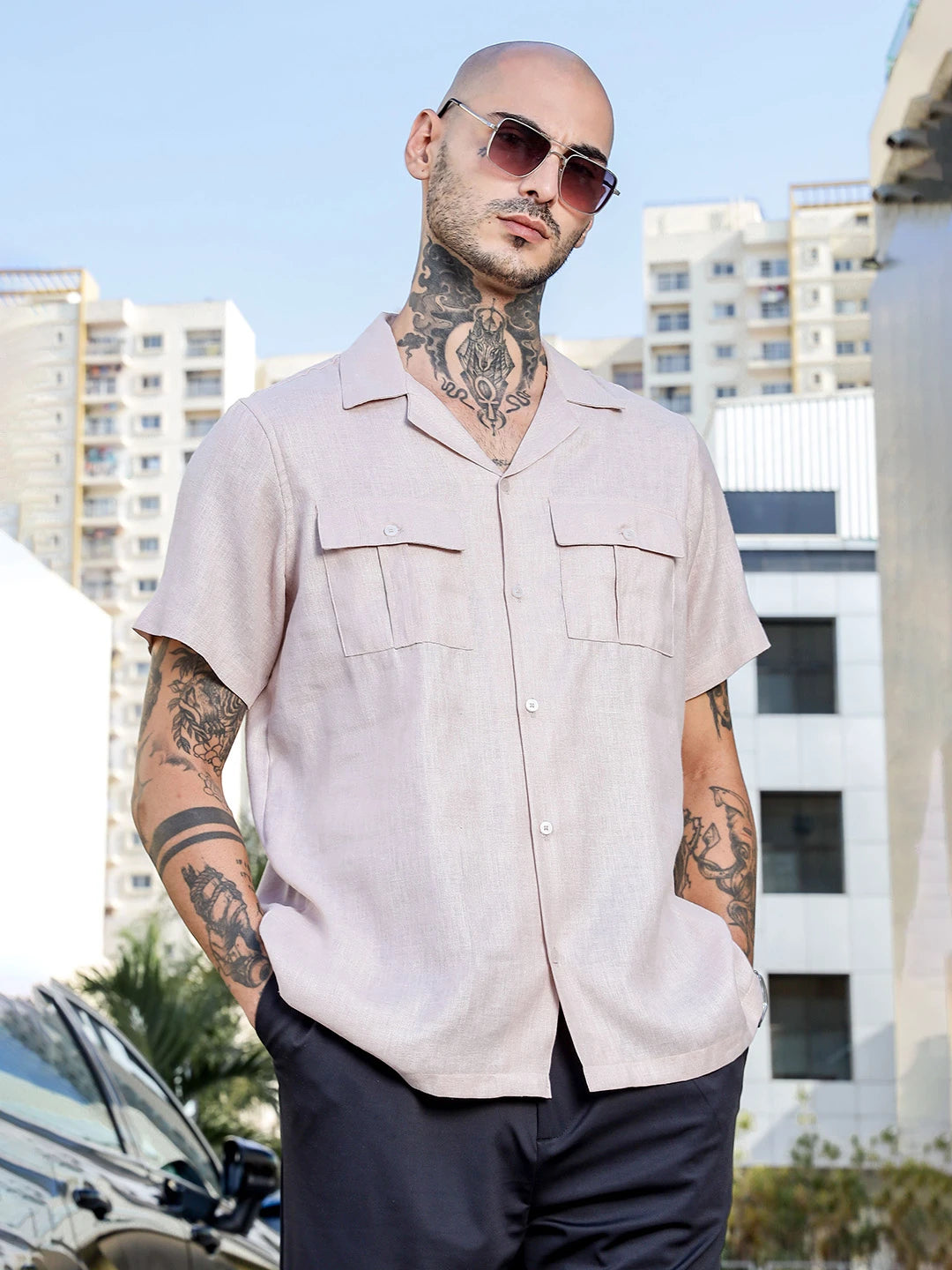 House Of Koala Pink Linen Blend Cuban Collar Classic Relaxed Fit Shirt