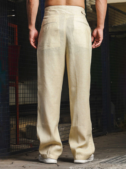 House Of Koala Beige Solid Linen Blend Gurkha Trousers with Double Pleated Front