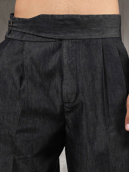 House Of Koala Black Premium Denim Gurkha Trousers with Double Pleated Front