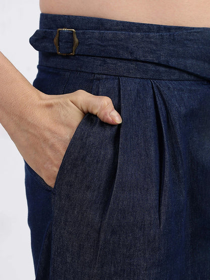House Of Koala Navy Blue Premium Denim Gurkha Trousers with Double Pleated Front