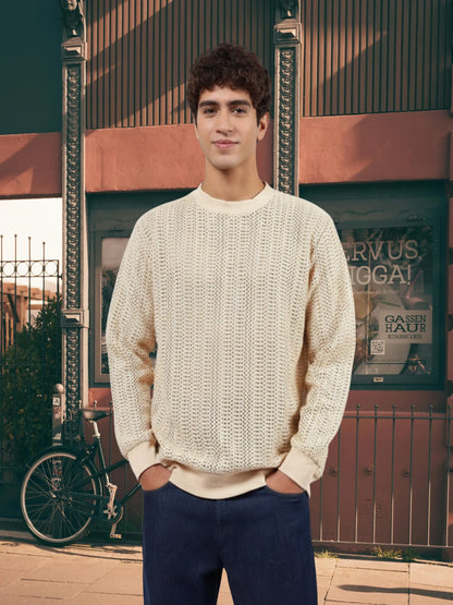 House Of Koala Beige Oversized Fit Premium Pure Cotton Crochet T-Shirt