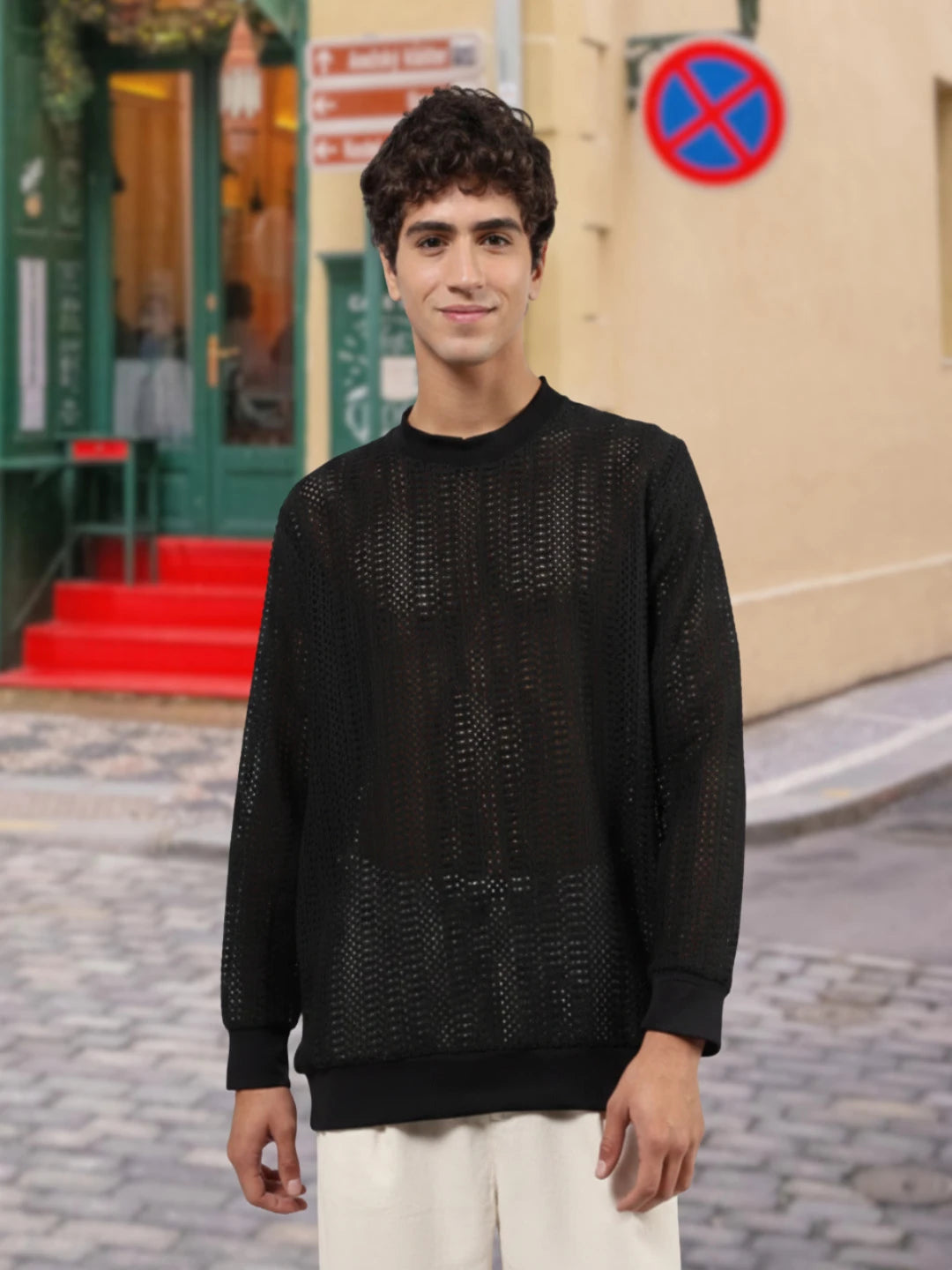 House Of Koala Black Oversized Fit Premium Cotton Crochet T-Shirt