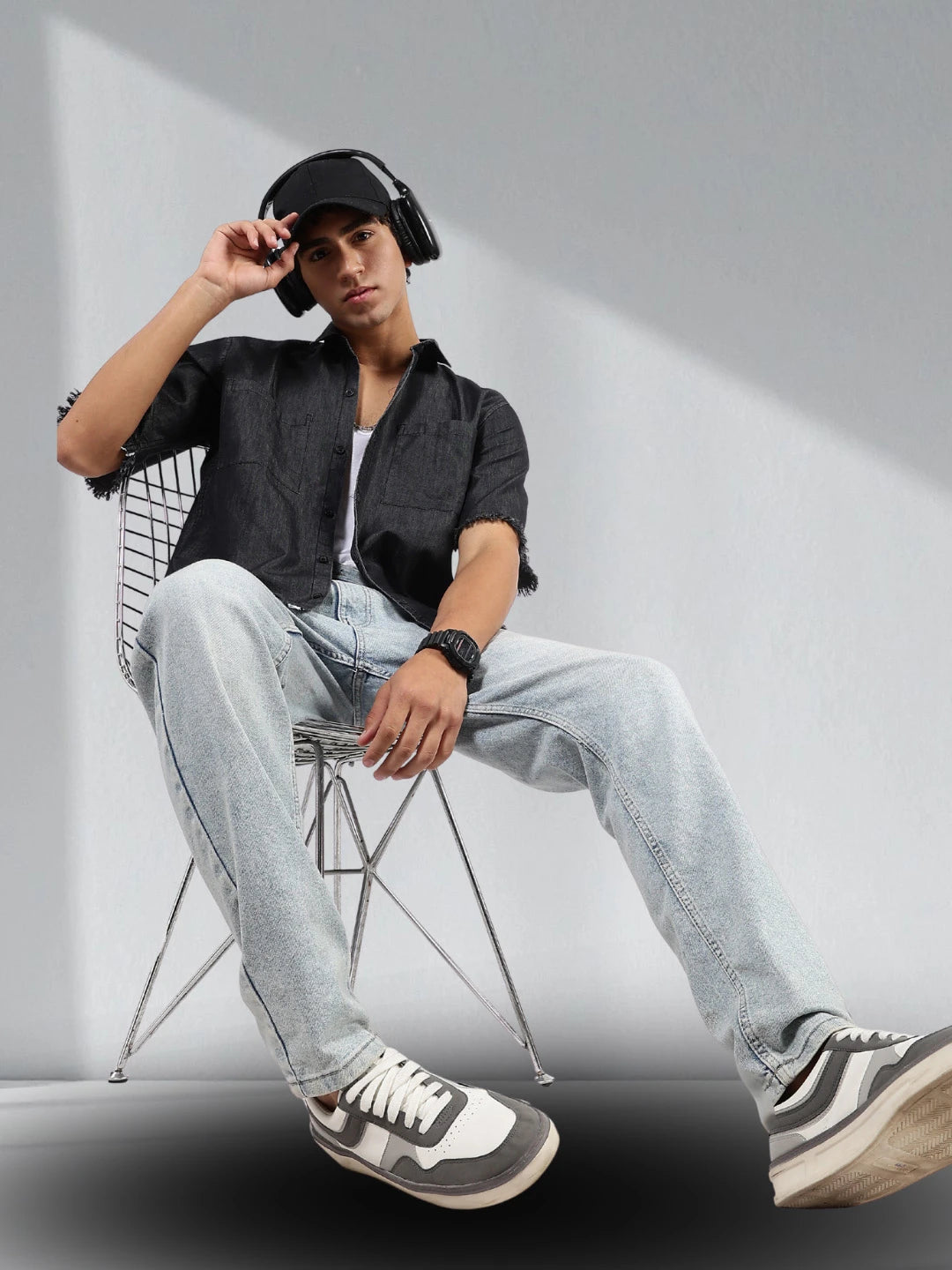House Of Koala Black Raw Edge Oversized Box-Fit Spread Collar Premium Denim Shirt