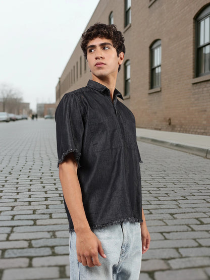 House Of Koala Black Raw Edge Oversized Box-Fit Spread Collar Premium Denim Shirt