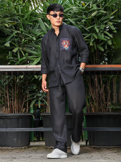 House Of Koala Black Solid Linen-Blend Relaxed Fit Trousers