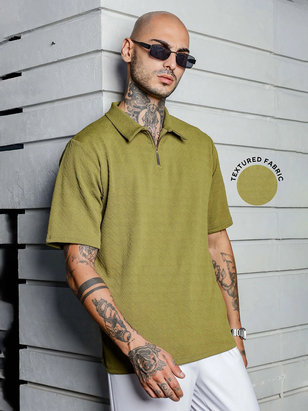 House Of Koala Olive Textured Polo Neck Relaxed Fit T-Shirt
