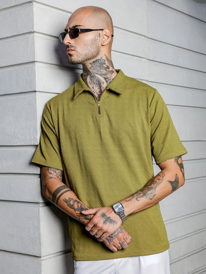 House Of Koala Olive Textured Polo Neck Relaxed Fit T-Shirt
