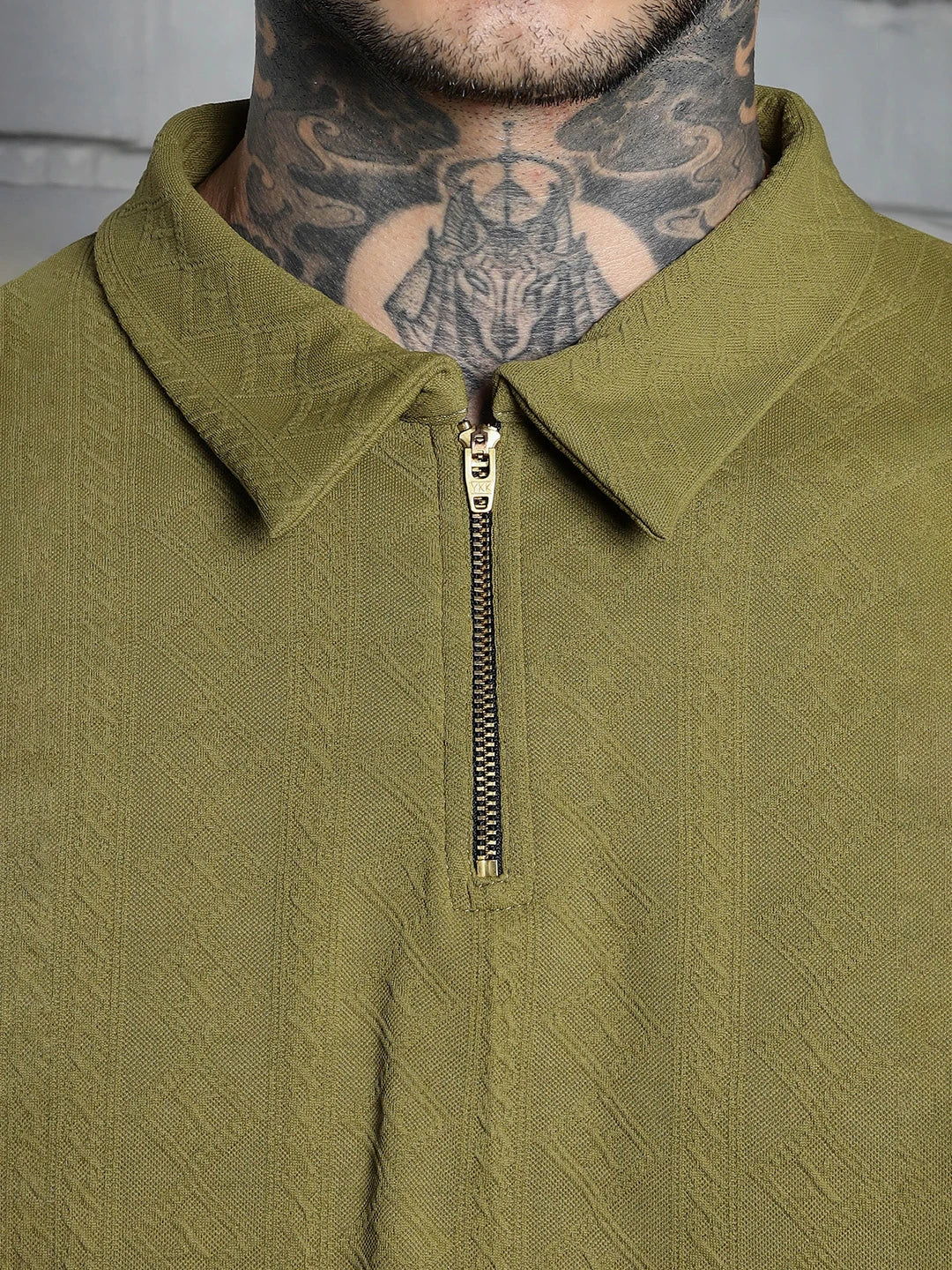 House Of Koala Olive Textured Polo Neck Relaxed Fit T-Shirt