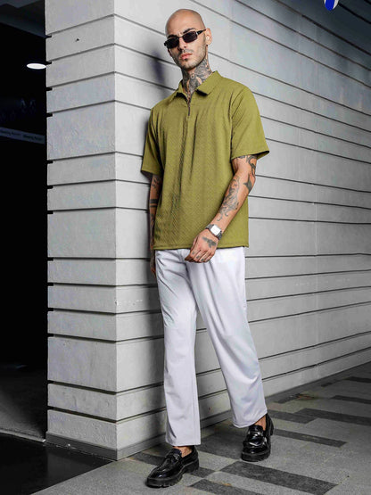 House Of Koala Olive Textured Polo Neck Relaxed Fit T-Shirt