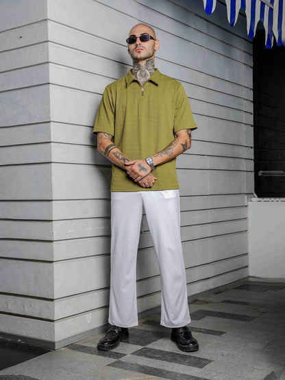 House Of Koala Olive Textured Polo Neck Relaxed Fit T-Shirt