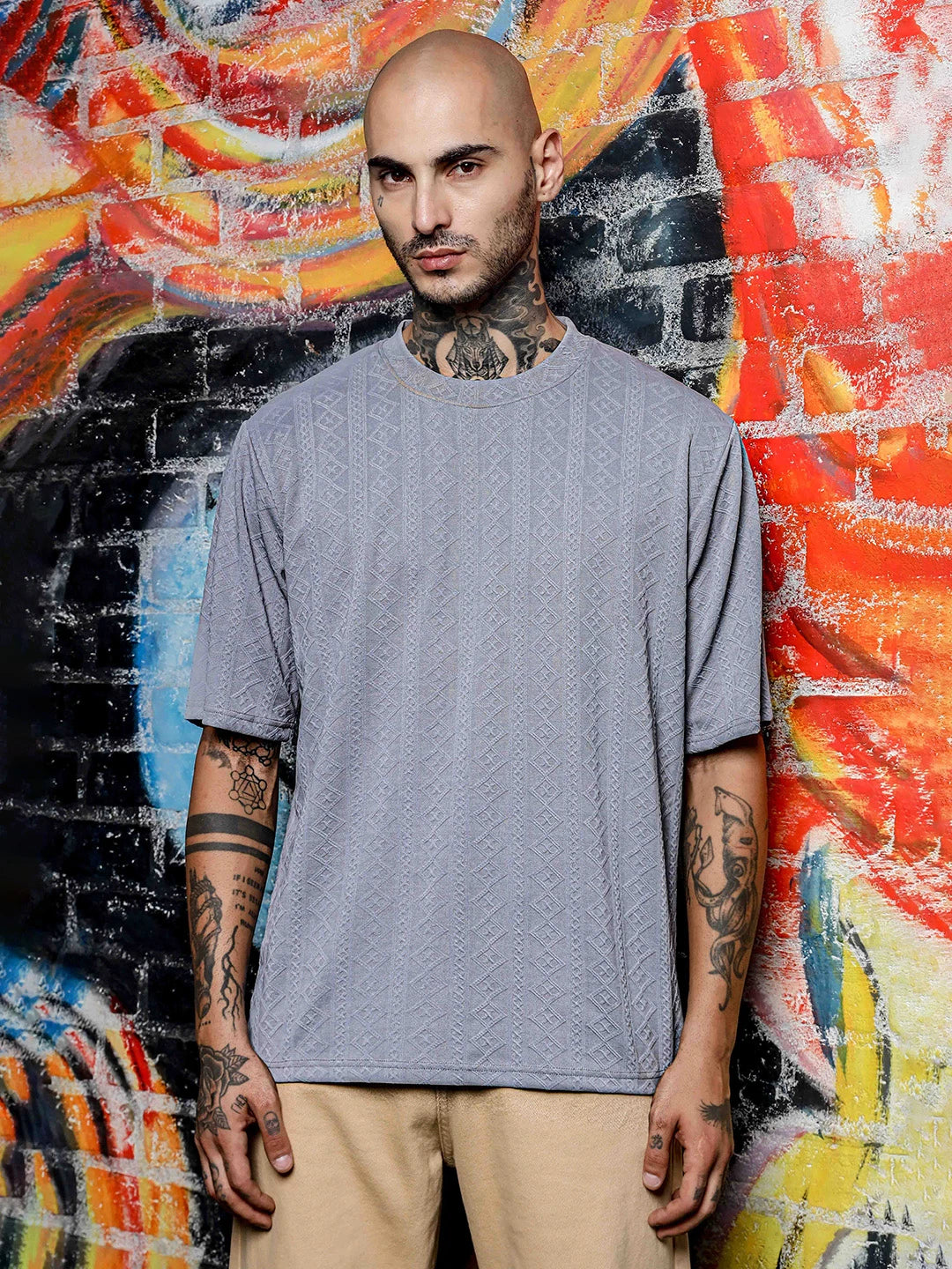 House Of Koala Grey Textured Round Neck Oversized T-Shirt