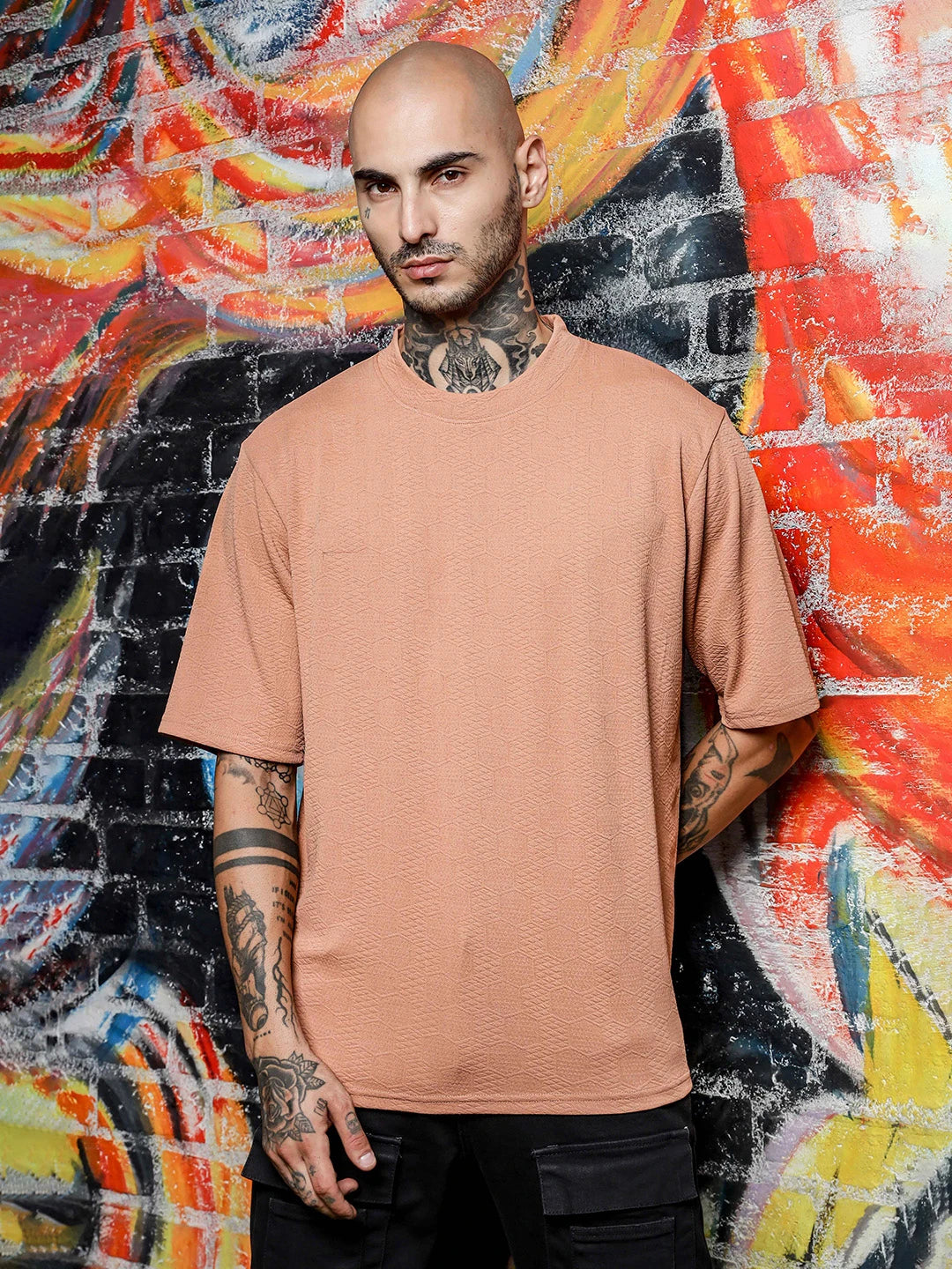 House Of Koala Brown Textured Round Neck Oversized T-Shirt