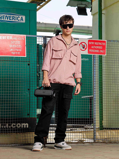 House Of Koala Pink Oversized Jacquard Textured Shirt Shacket