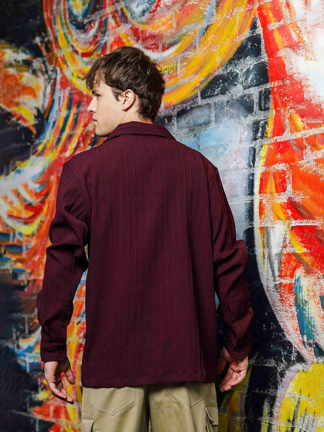 House Of Koala Maroon Rib Textured Relaxed Korean Shacket Shirt