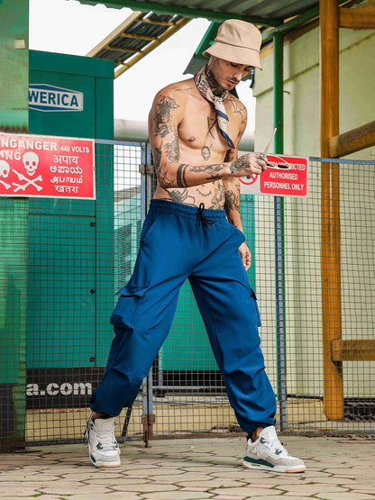 House Of Koala Baggy Fit Blue 6-Pocket Parachute Cargo Trousers