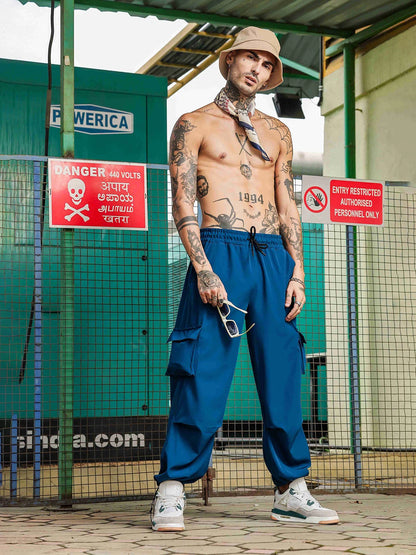 House Of Koala Baggy Fit Blue 6-Pocket Parachute Cargo Trousers