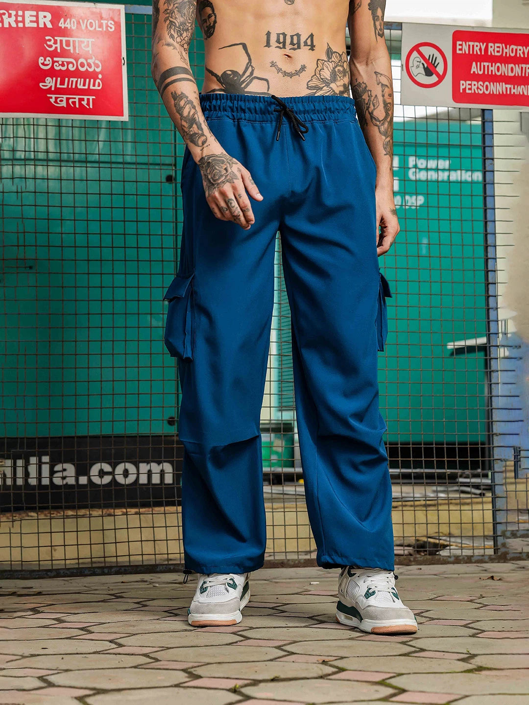 House Of Koala Baggy Fit Blue 6-Pocket Parachute Cargo Trousers