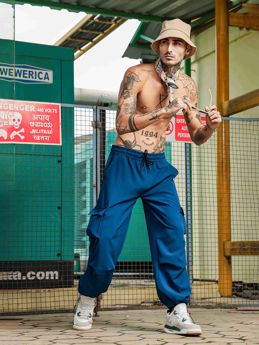 House Of Koala Baggy Fit Blue 6-Pocket Parachute Cargo Trousers