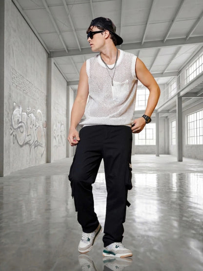 House Of Koala Black Baggy Fit Streetwear Style 8 Pocket Pure Cotton Cargo Trousers