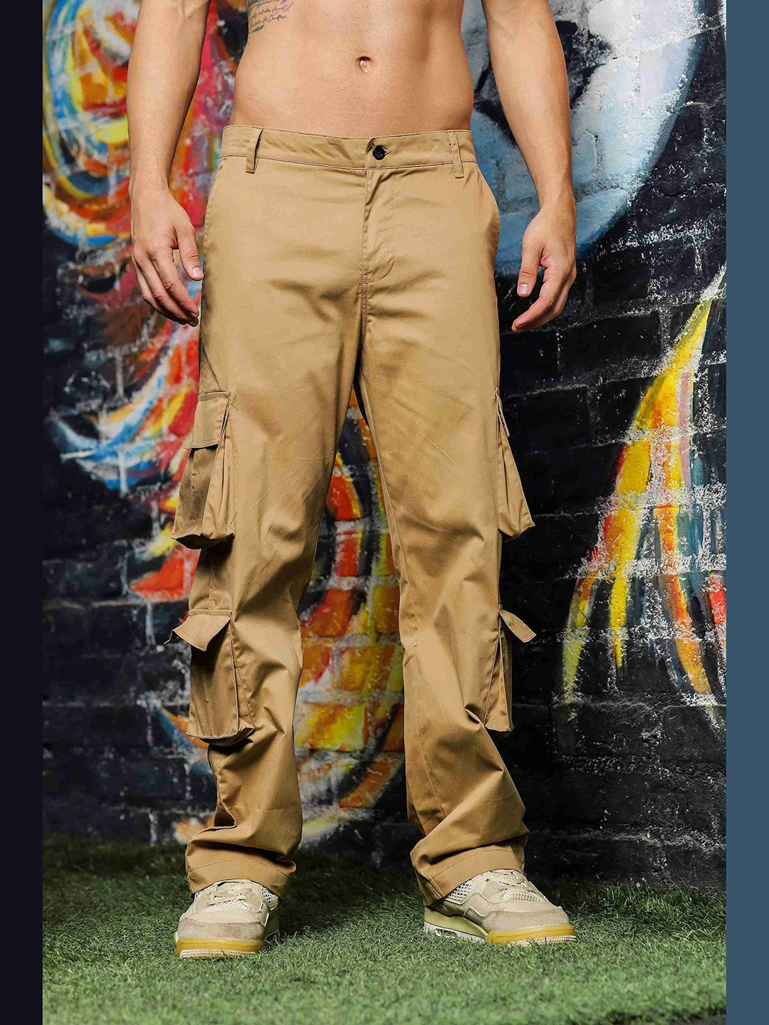 House Of Koala Baggy Fit Khaki 8-Pocket Cargo Trousers