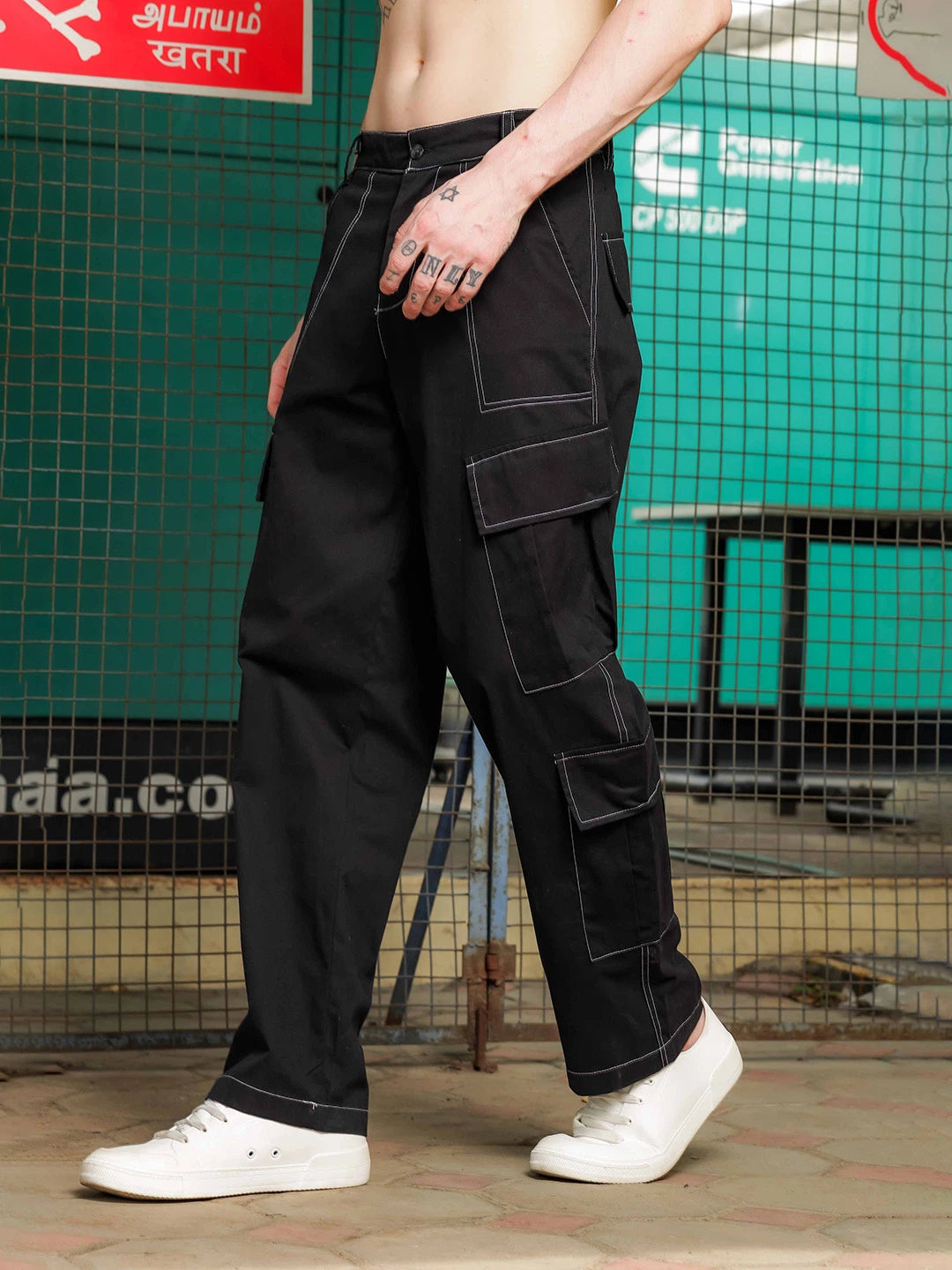 House Of Koala Black Mid-Rise Baggy Fit Pure Cotton 8-Pocket Cargo Trousers