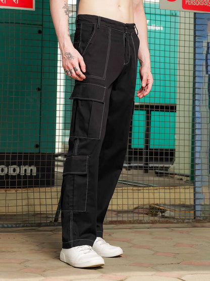 House Of Koala Black Mid-Rise Baggy Fit Pure Cotton 8-Pocket Cargo Trousers
